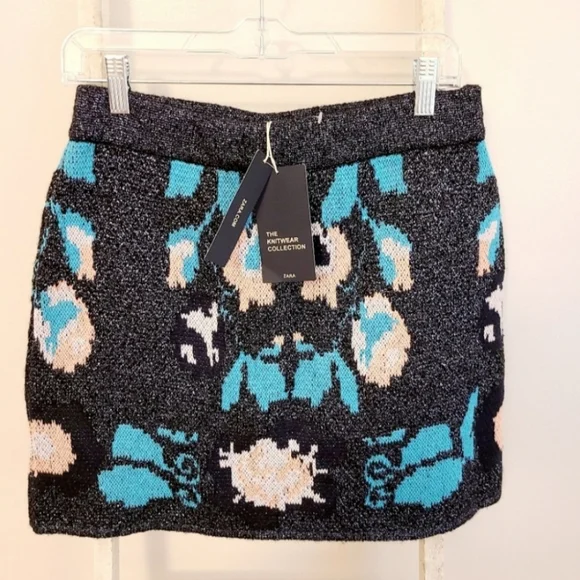 Zara mini skirt NWT womens Medium boho knit printed metallic shimmer festival - Picture 1 of 4